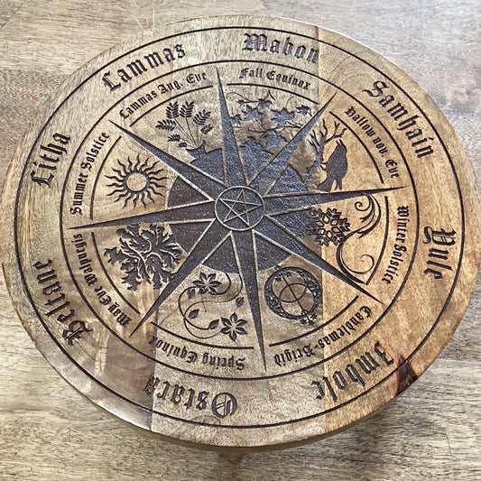 Wood Altar Table Engraved with Pagan Calendar