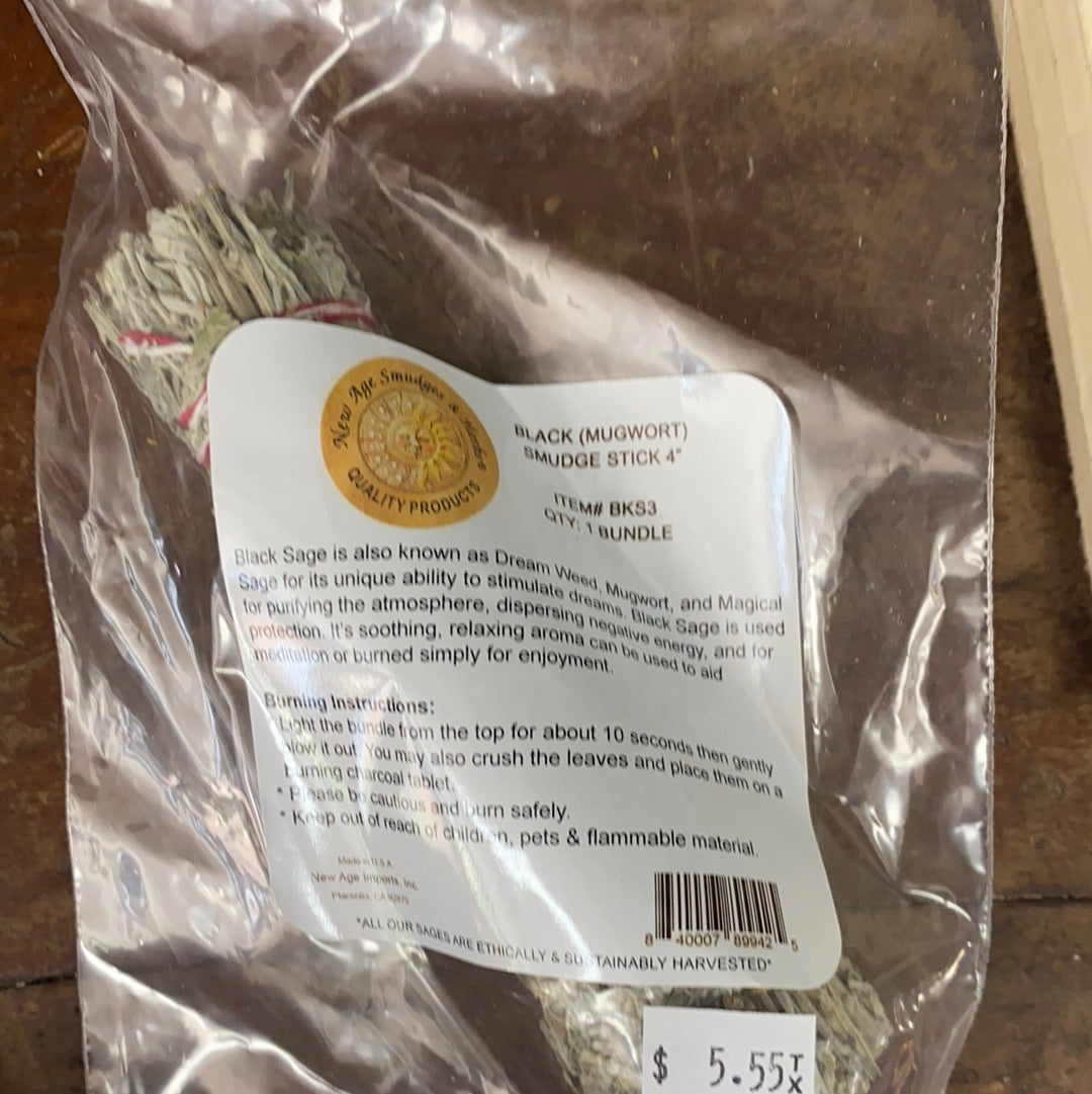 Black (Mugwort) 4” smudge stick