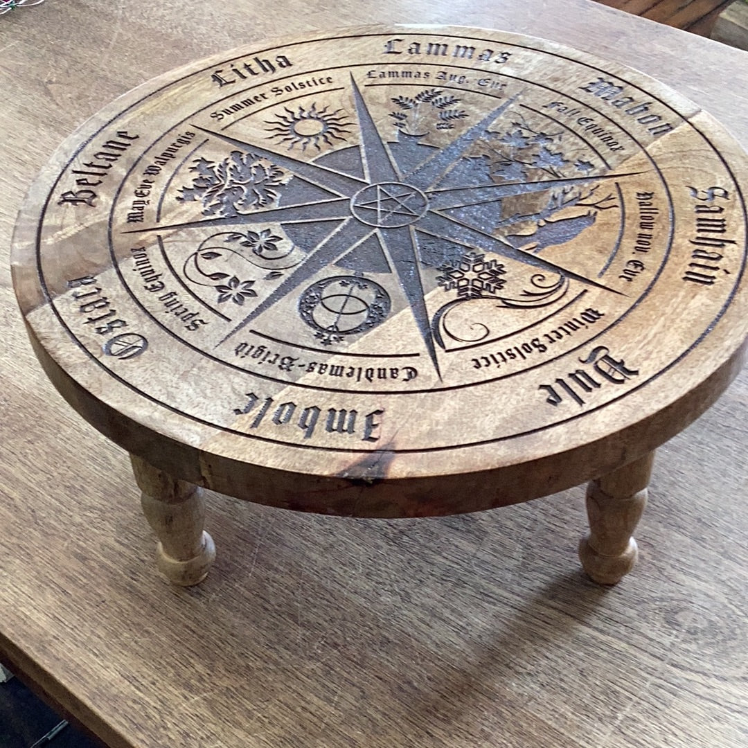 Wood Altar Table Engraved with Pagan Calendar